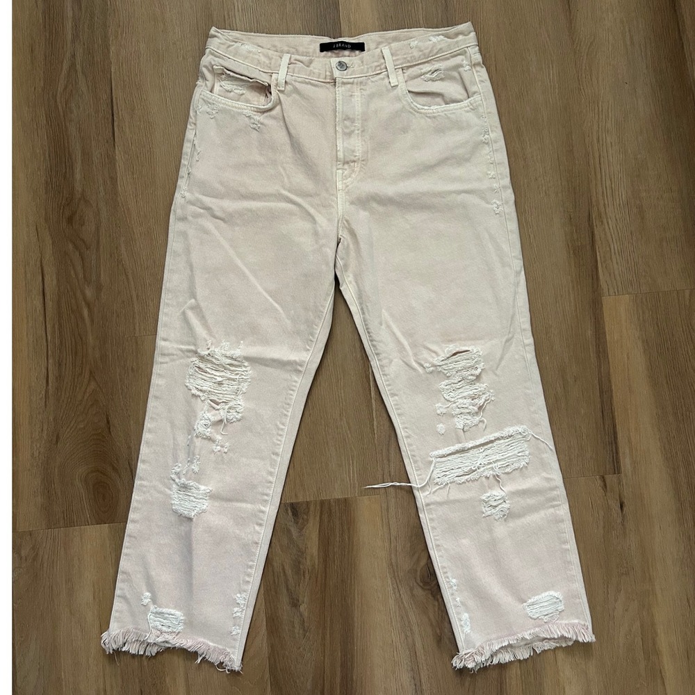 J Brand Distressed Straight Leg Jeans beige cream Raw Hem Designer